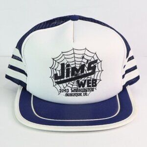 Vintage Jim's Web Tavern Hat Men's Dubuque IA 3 Stripe Mesh Trucker Cap Snapback